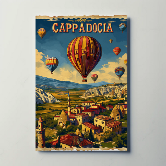 Cappadocia Hot Air Balloon Valley Cliffs Sunset Travel Poster