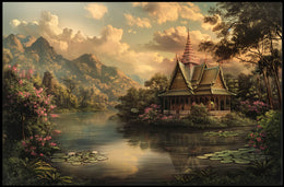 Tranquil Thai Pagoda at Sunset Landscape Poster