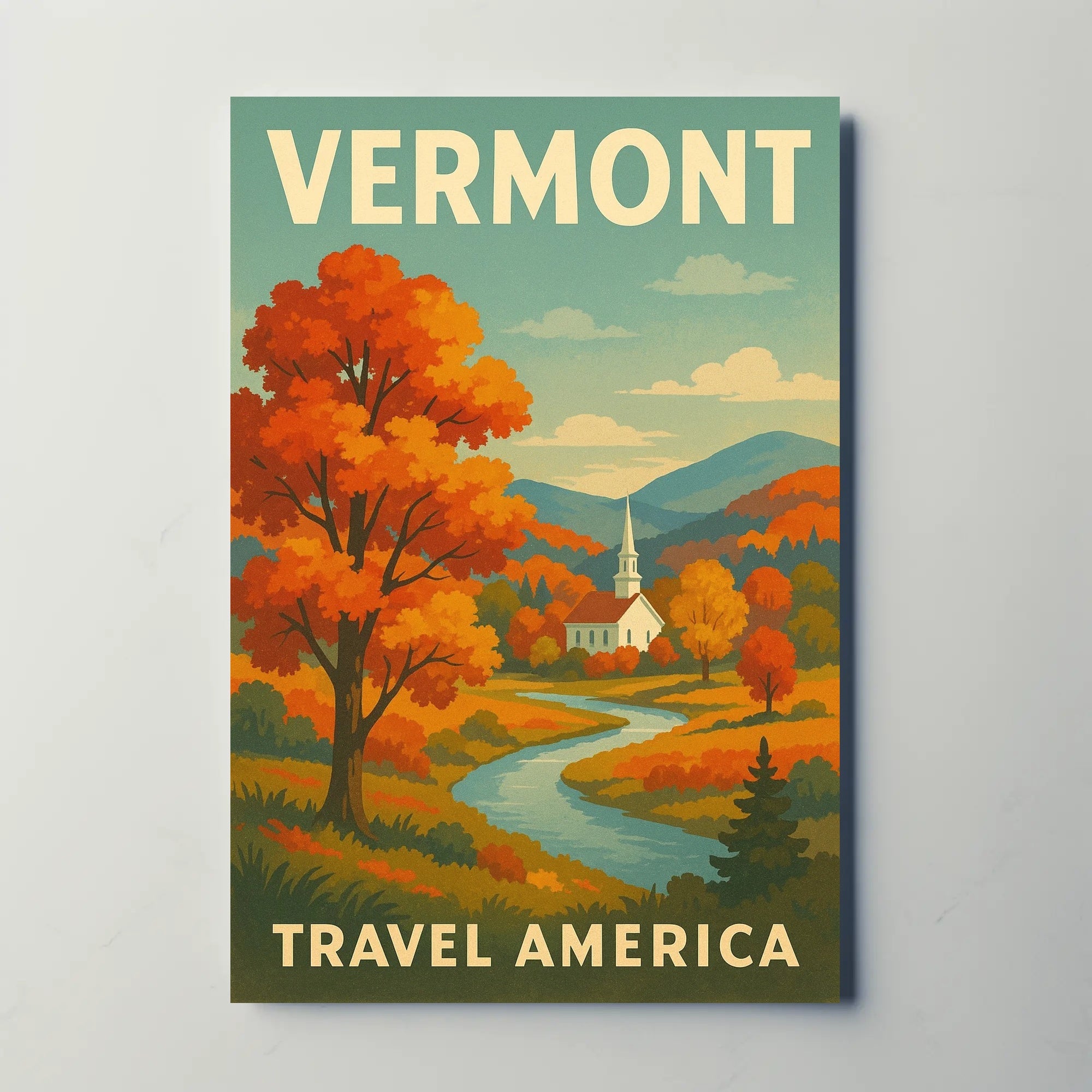 Vermont Autumn Church Scenic Vintage Travel Advertisement Poster