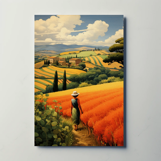 Woman Walking Through Colorful Fields Vintage Travel Poster