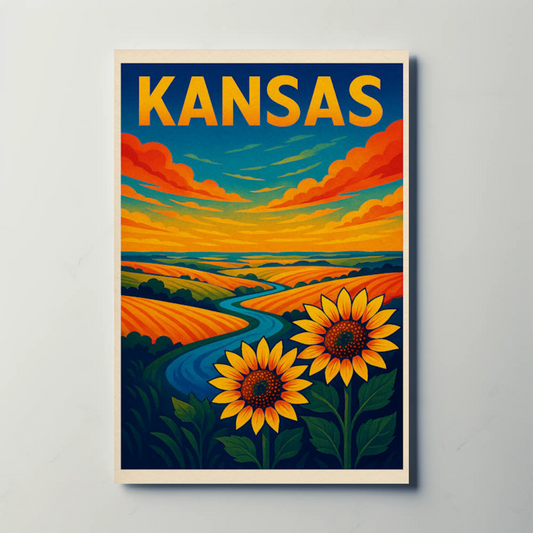 Kansas Sunflowers Prairie Horizon River Travel Poster