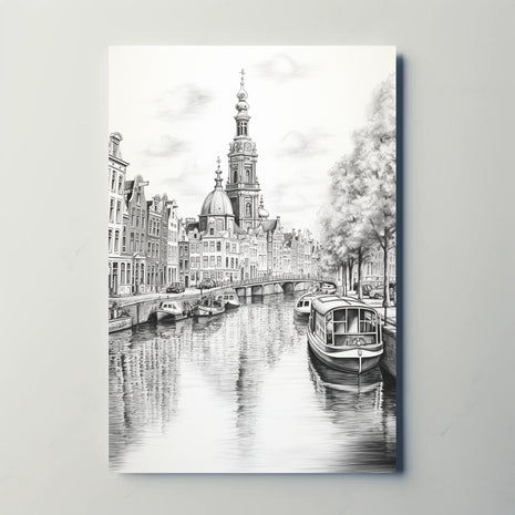 Amsterdam Inspired Canal Scene Monochrome Illustration Travel Poster