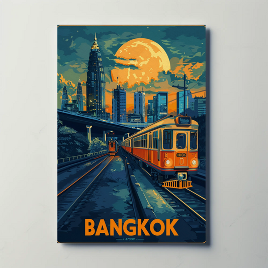 Bangkok Skyline Train Moonlight Glow Travel Poster
