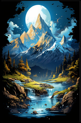 Enchanted Moonlit Mountain Landscape Fantasy Art Poster