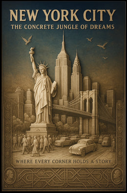 New York City Landmarks Cityscape Poster Vintage Wall Art