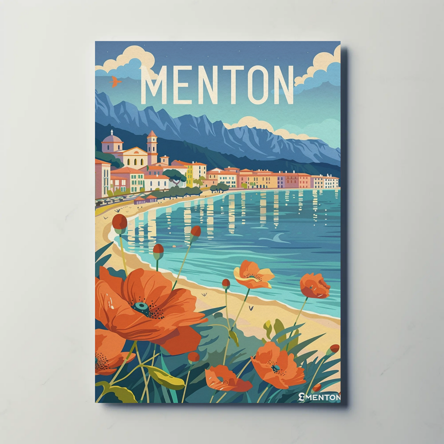 Menton France Beachfront Flowers Coastal Village Scene Travel Poster