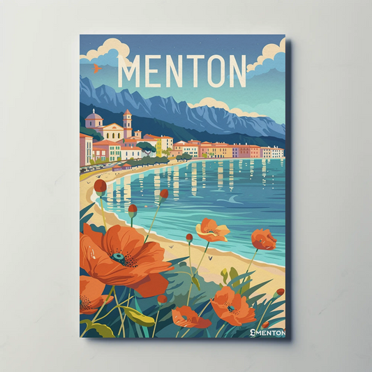 Menton France Beachfront Flowers Coastal Village Scene Travel Poster