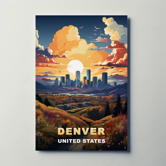 Denver Sunset Skyline Mountains Vintage Travel Poster