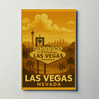 Golden Las Vegas Skyline Welcome Sign Retro Poster