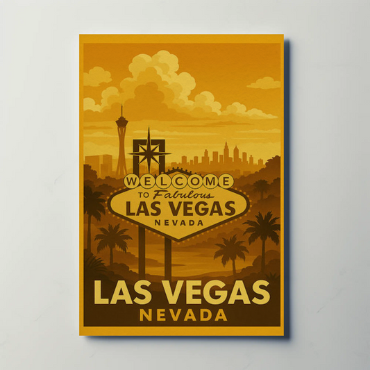 Golden Las Vegas Skyline Welcome Sign Retro Poster
