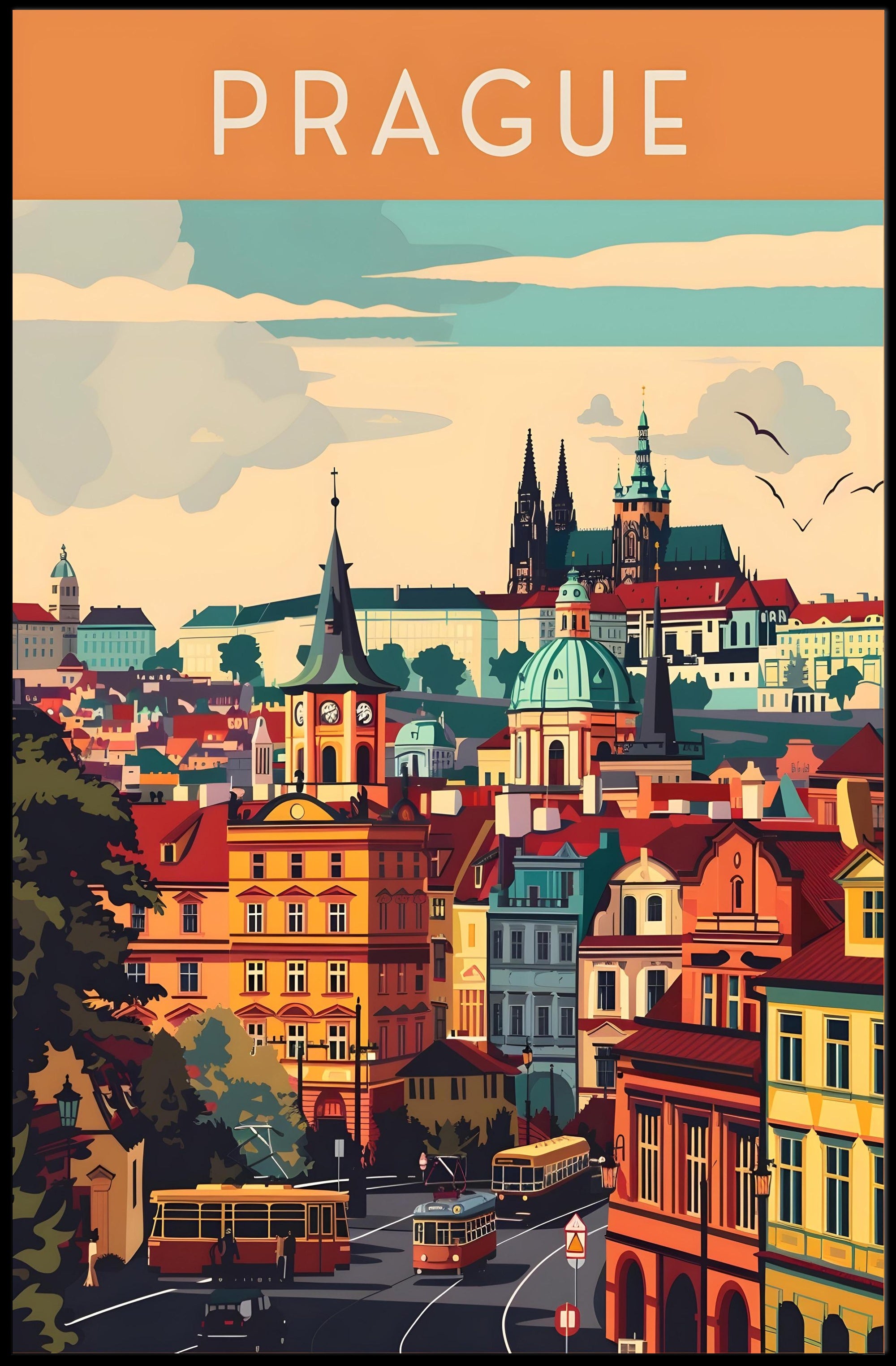 Prague Cityscape Architectural Art Print - Travel Poster