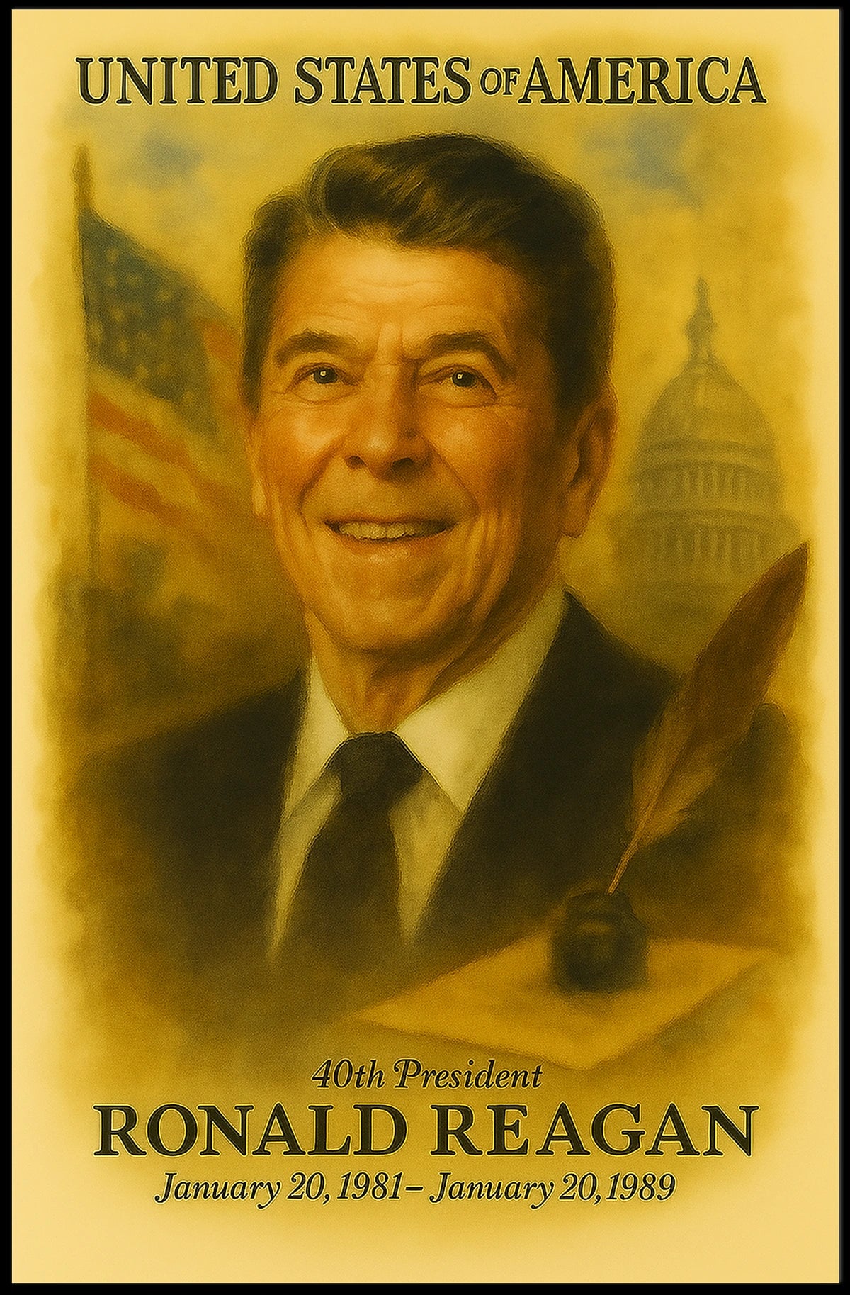 Ronald Reagan 40th President of the United States Vintage Watercolor Poster