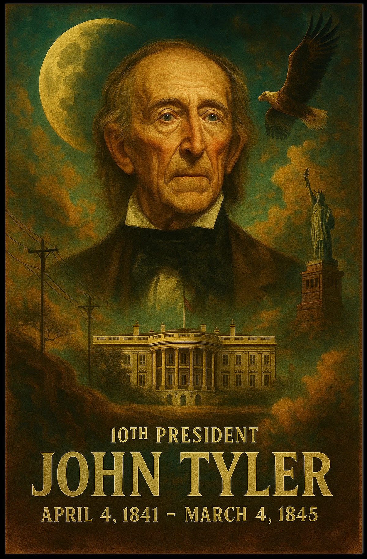 John Tyler Tenth President Historic Neoclassical Realism Artwork Vintage Patriotism Poster
