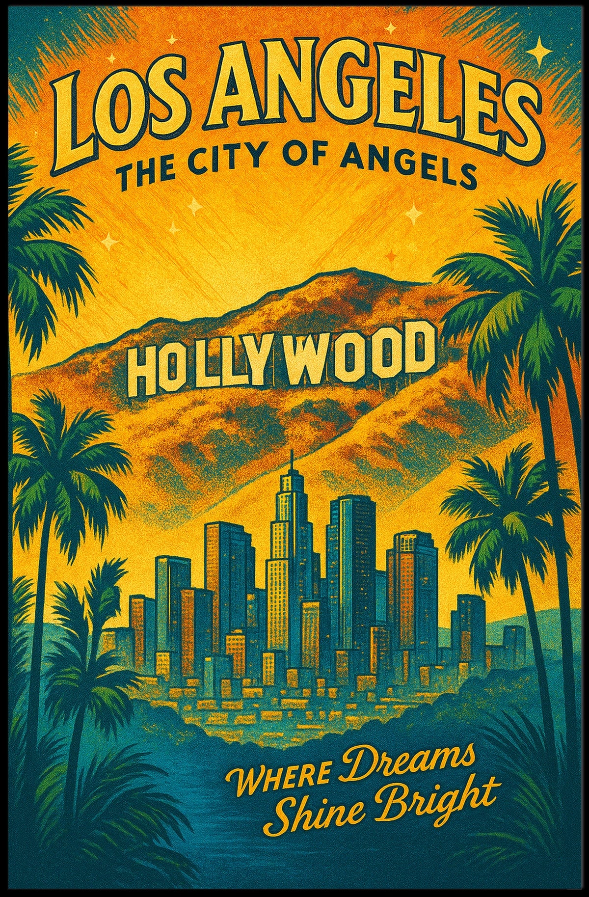 Los Angeles Vintage Hollywood Skyline Art Poster