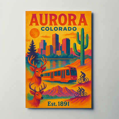 Aurora Colorado Mountains City Train Wildlife Cactus Travel Poster