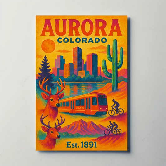 Aurora Colorado Mountains City Train Wildlife Cactus Travel Poster