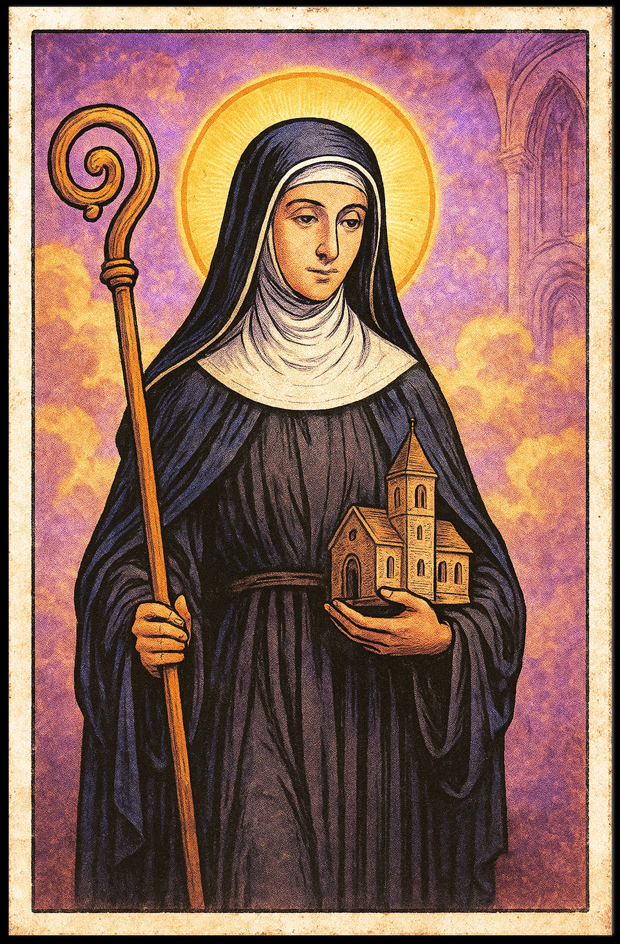 Saintly Figure with Church Model Poster PosterGoat