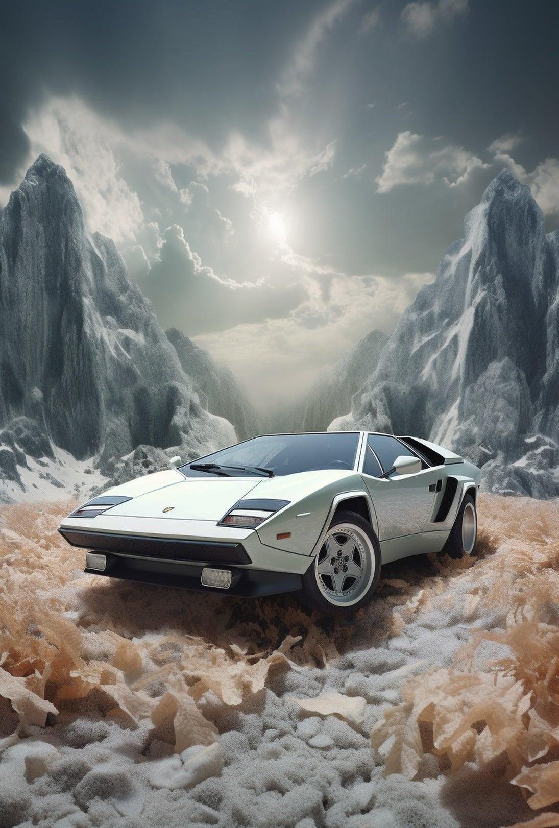 Retro Sports Car Adventure in Fantasy Landscape Futuristic Sci-Fi Poster