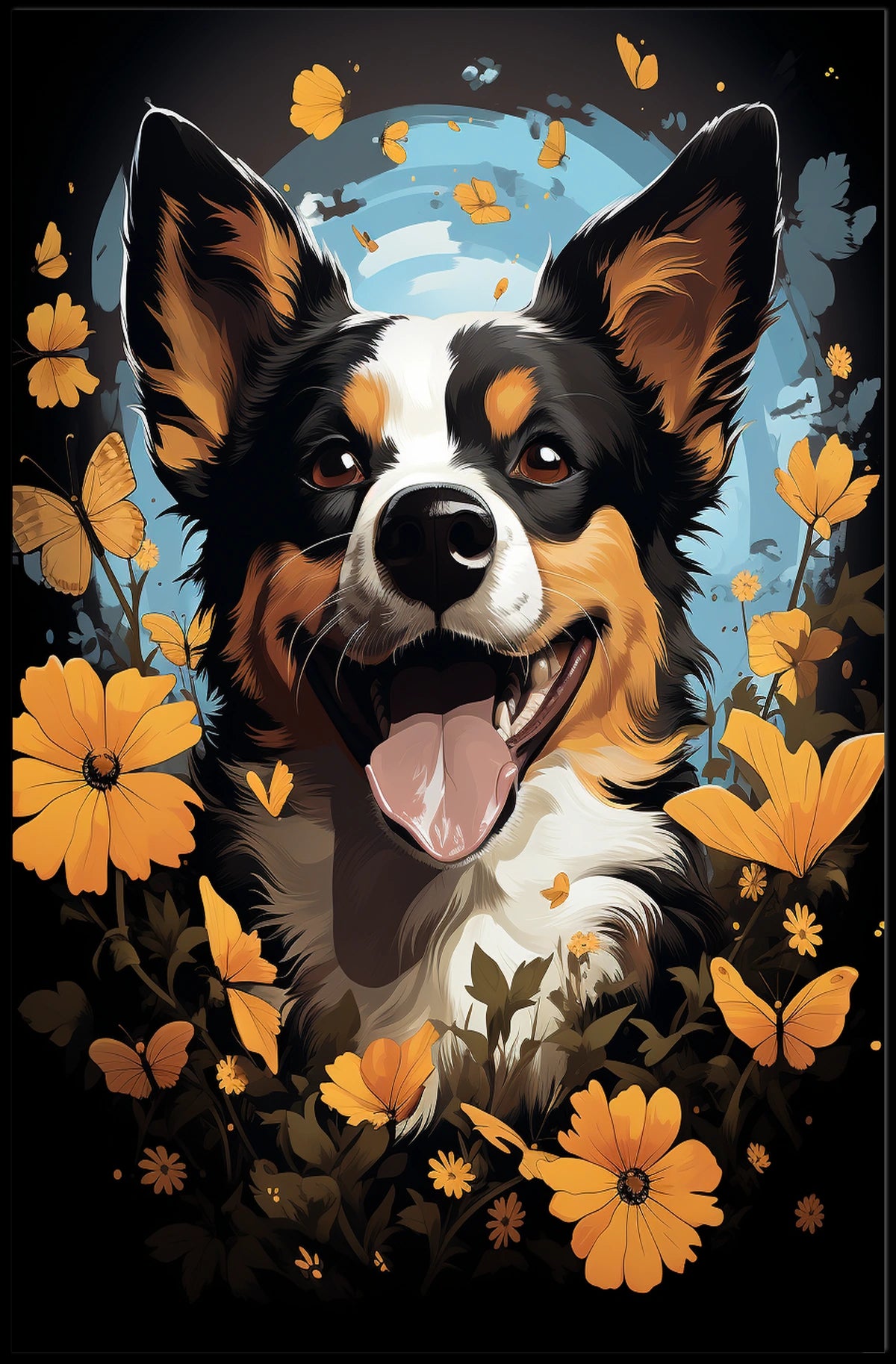 Joyful Dog and Flowers Nature Art Poster