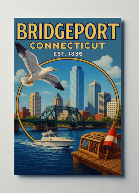 Bridgeport Connecticut Harbor Skyline Seagull Travel Poster