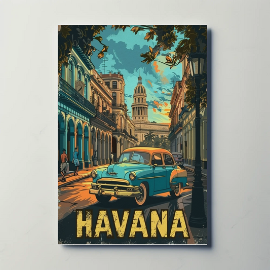 Havana Classic Car Capitol Street Scene Cuba Travel Poster