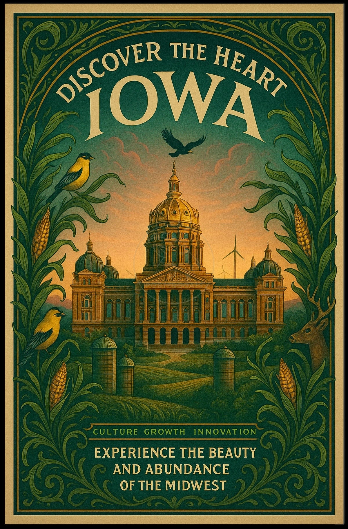 Vintage Iowa Travel Poster: Cultural and Agricultural Richness