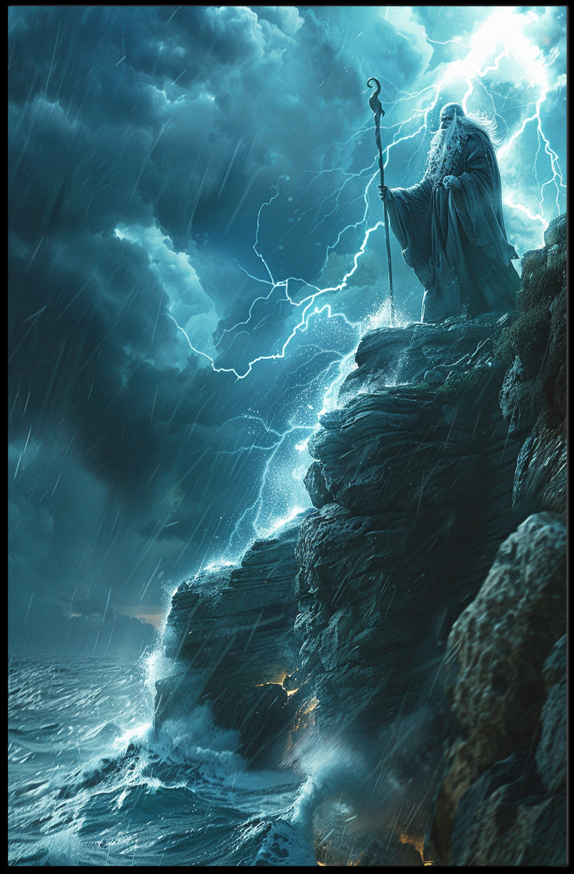 Mystical Storm Wizard Overlooking Ocean Fantasy or Mythology Poster PosterGoat