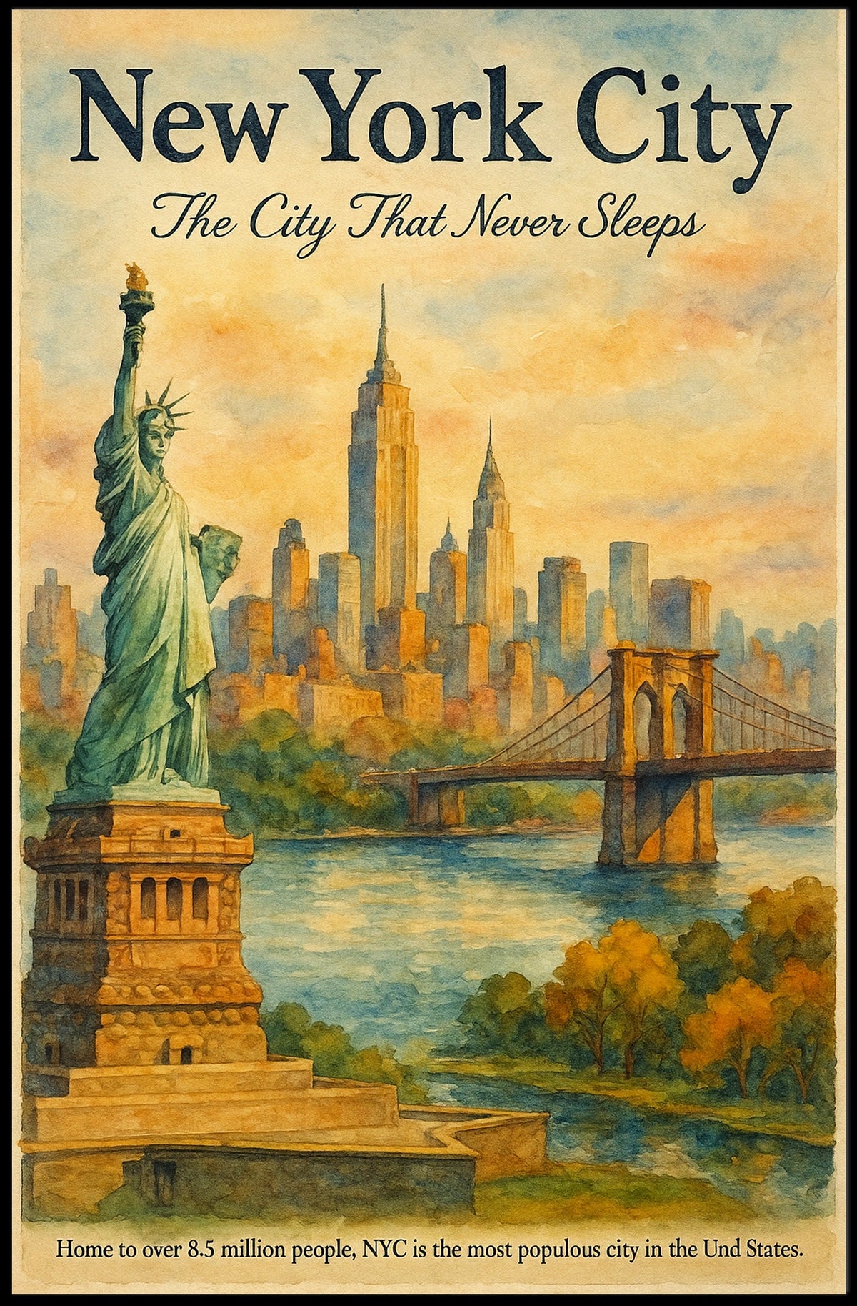 New York City Skyline Vintage Watercolor Art Poster