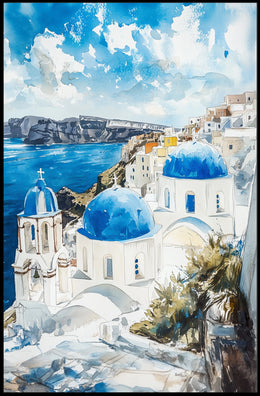 Greece Santorini White Buildings and Blue Domes Poster
