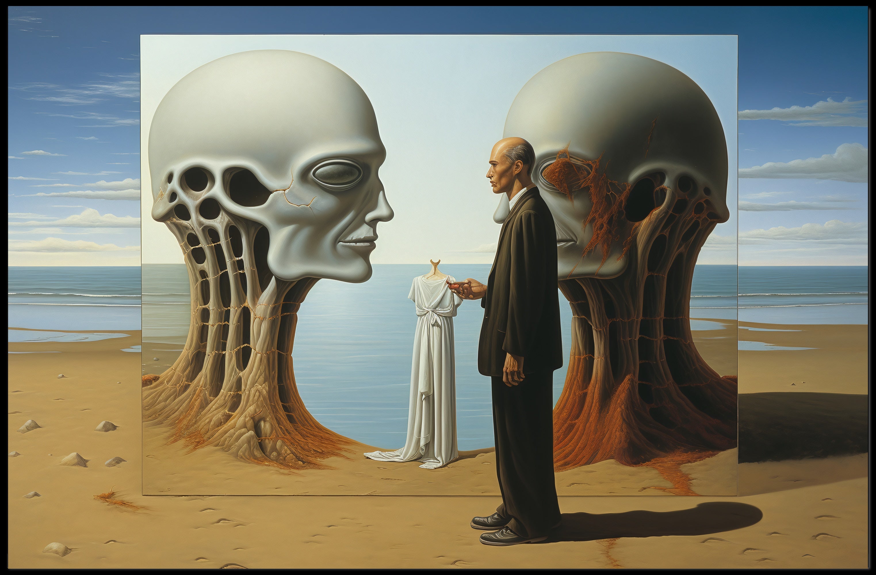 Surreal Beach Scene with Skeletal Structures Artistic Poster