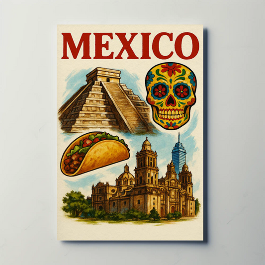 Mexico Pyramid Taco Skull Cathedral Culture Poster