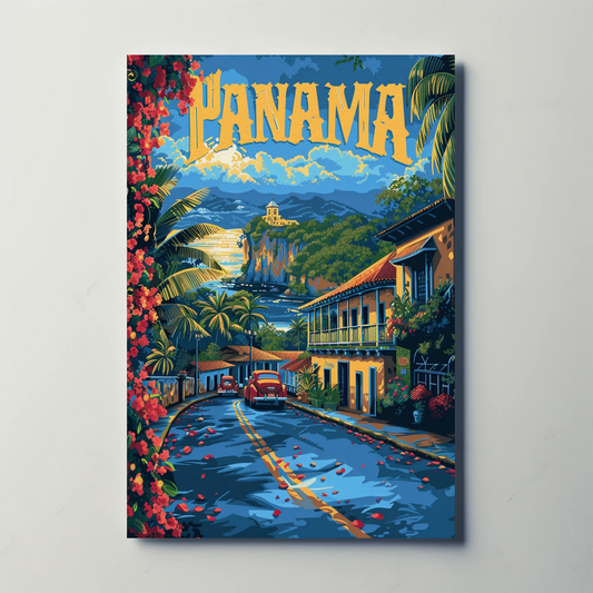 Panama Coastal Cliffs Village Retro Street View Travel Poster