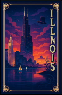 Illinois Skyline at Sunset: Captivating Travel Poster