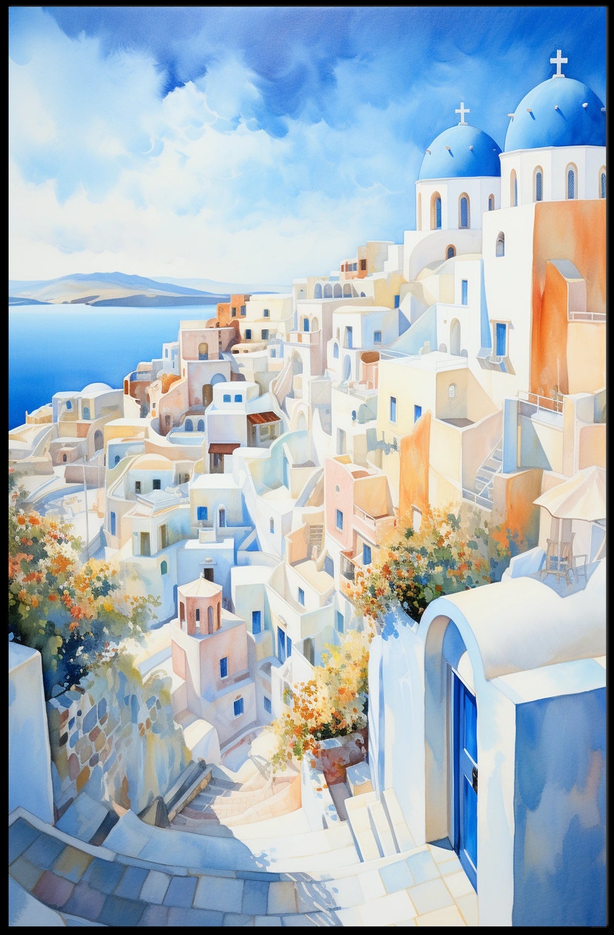 Santorini-Inspired Coastal Town Travel Poster