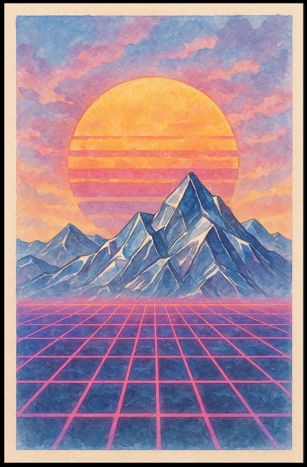 Vibrant Retro-Futuristic Landscape Poster: Futuristic Sci-Fi Poster