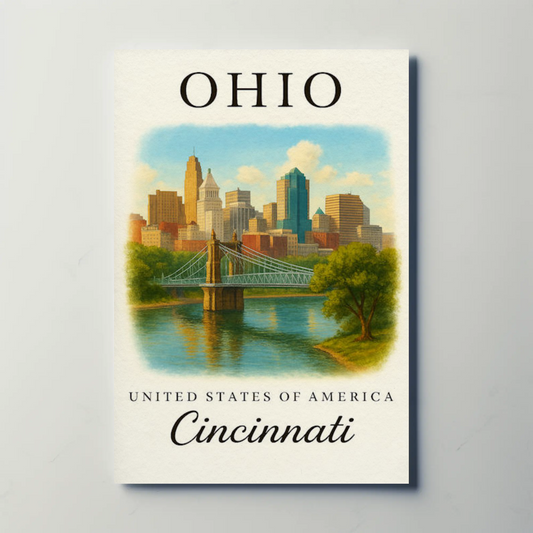 Cincinnati Ohio Skyline Roebling Suspension Bridge Travel Poster