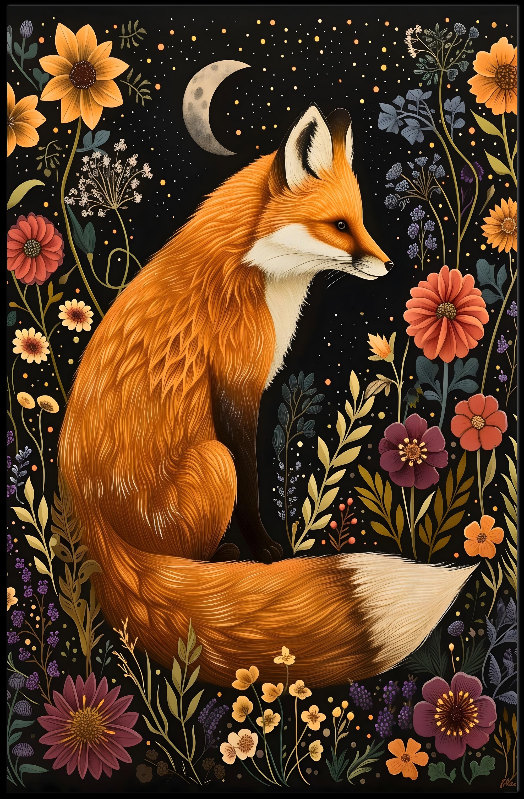 Whimsical Fox and Flora: Artistic Animal Poster