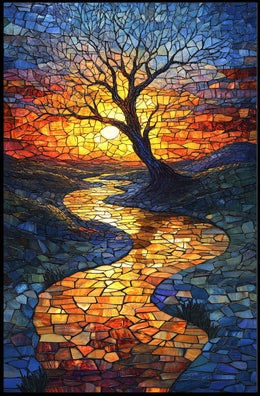 Vibrant Mosaic Sunset Landscape Artistic Poster