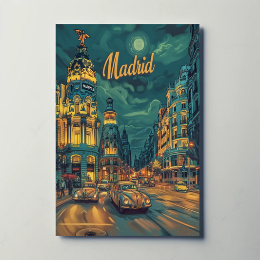 Madrid Night Drive Glowing Lights Retro Travel Poster