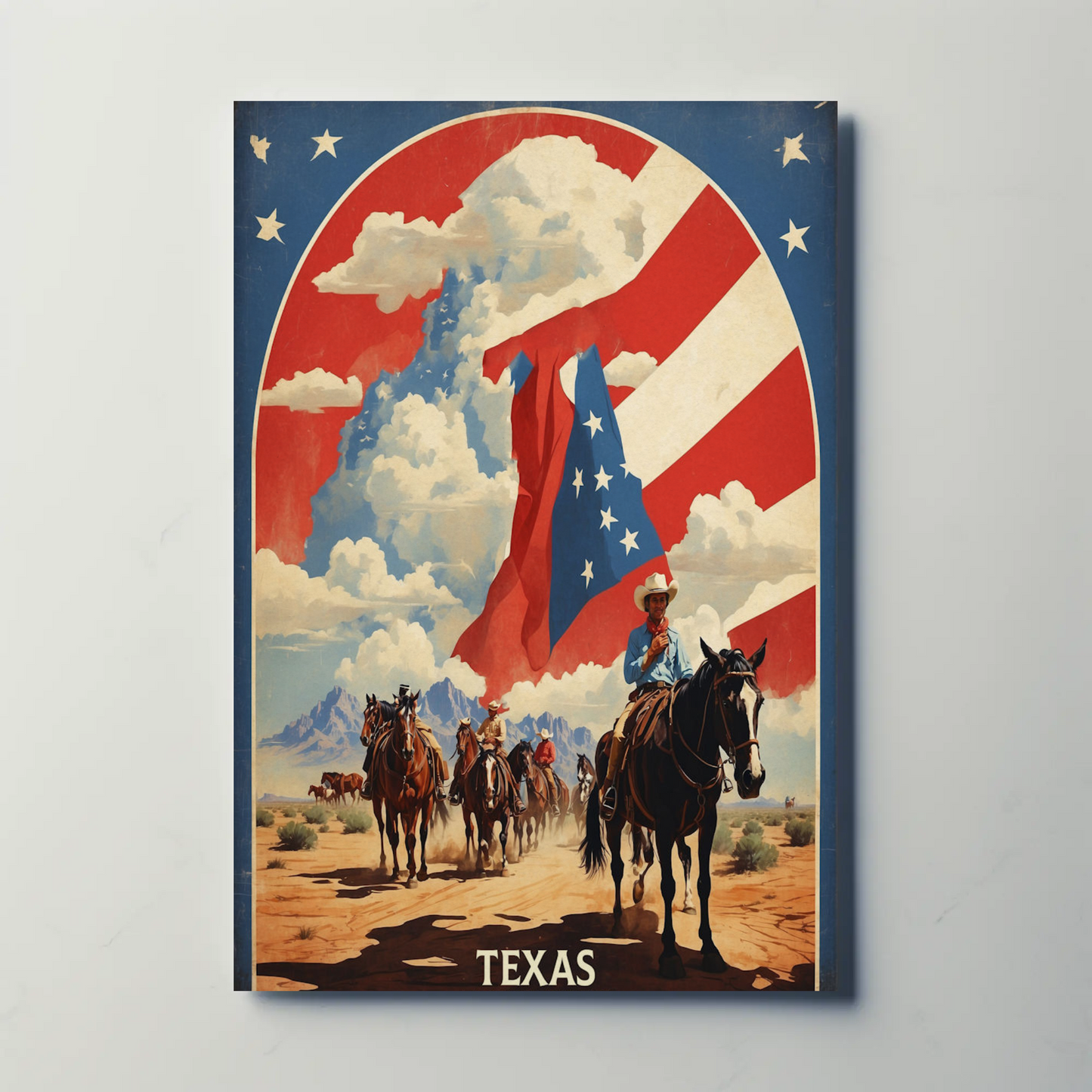 Texas Cowboys Horses Flag Desert Vintage Travel Poster