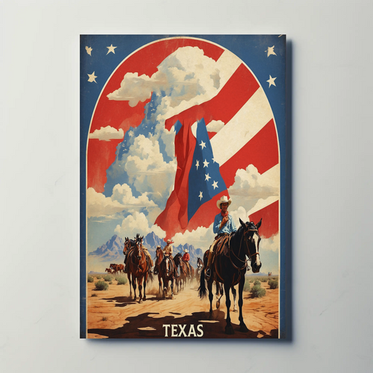 Texas Cowboys Horses Flag Desert Vintage Travel Poster