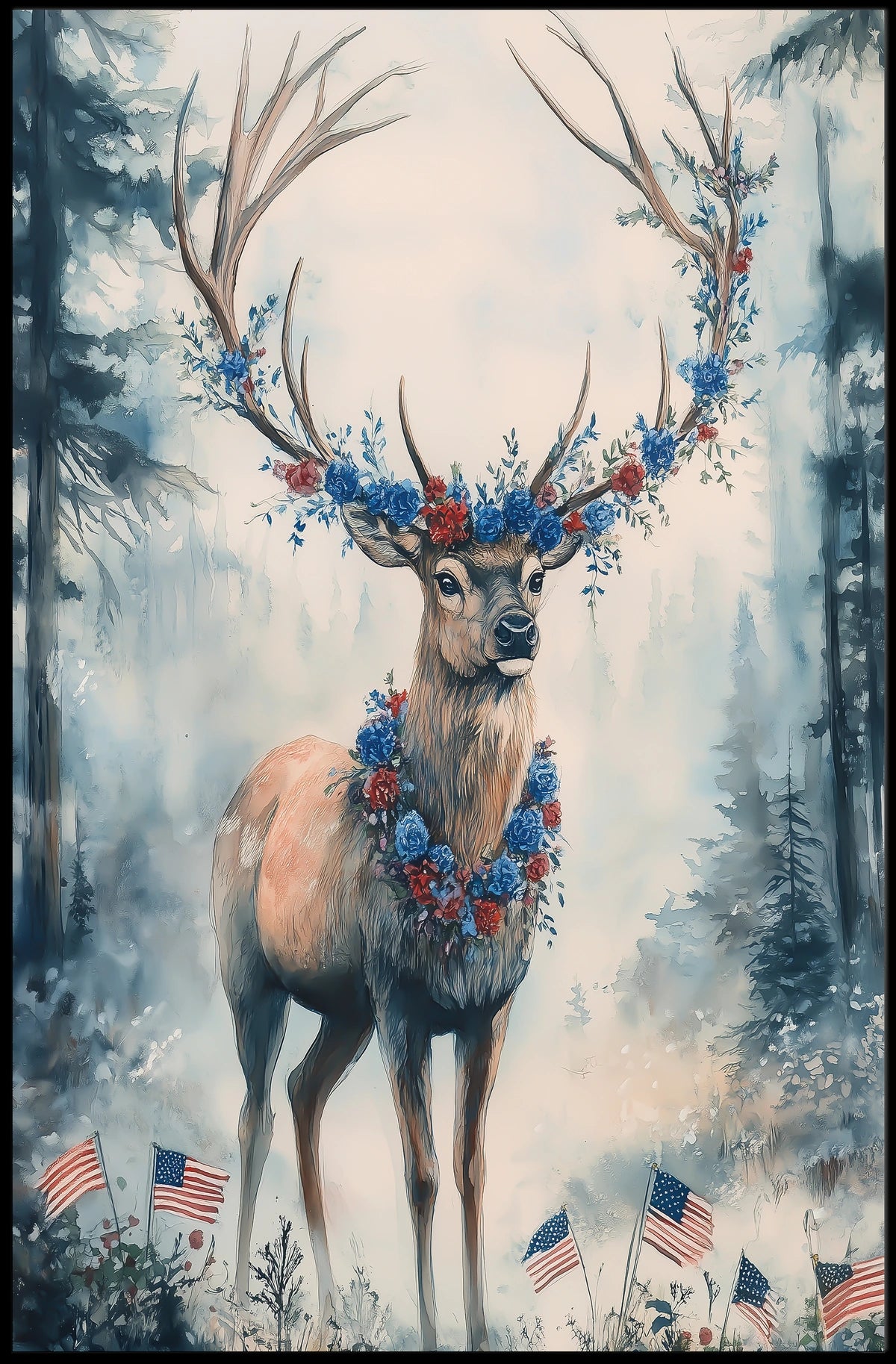 Deer With Antlers Adorned In Blue And Red Garland Poster
