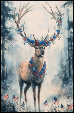 Deer With Antlers Adorned In Blue And Red Garland Poster