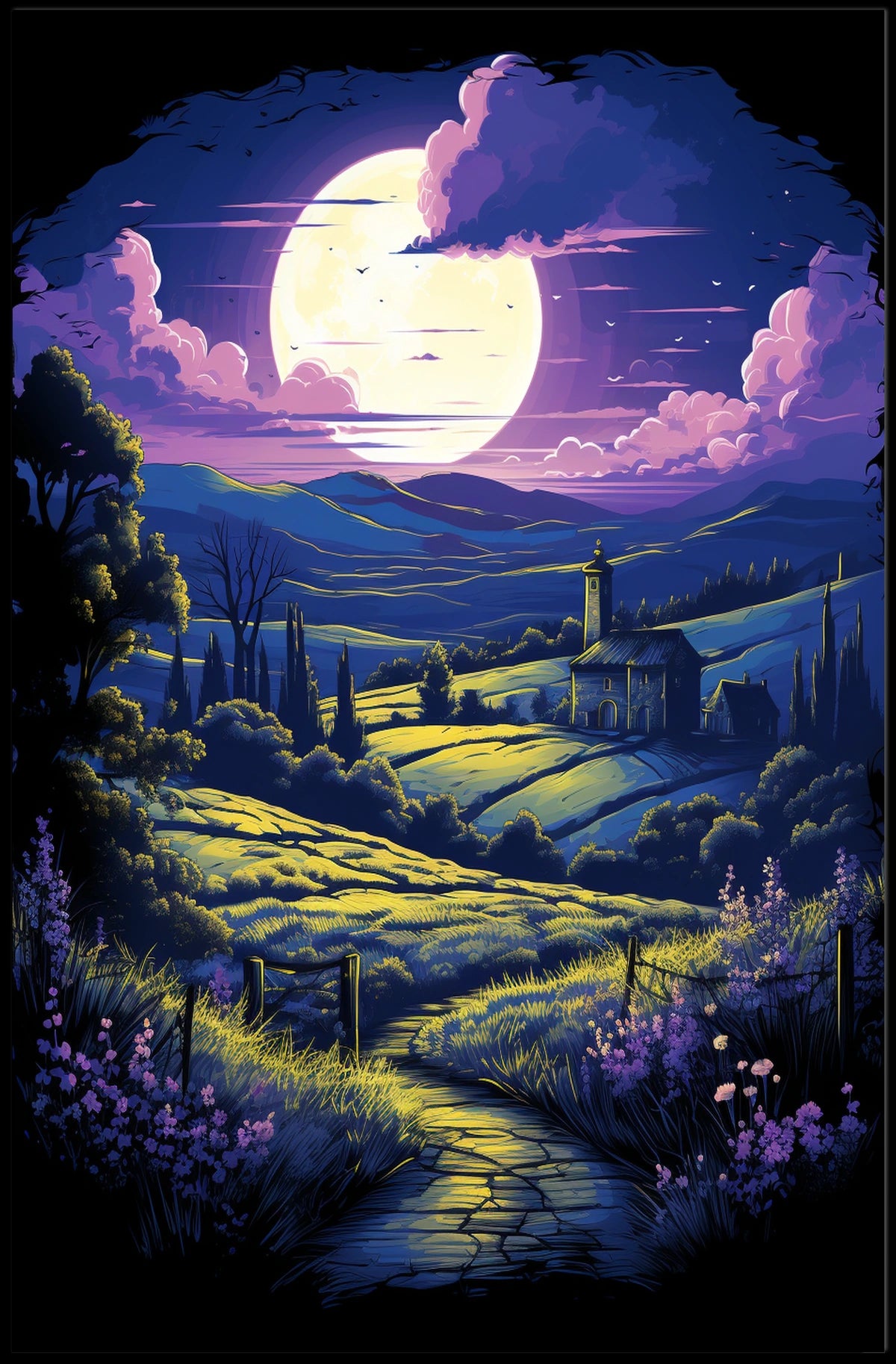 Moonlit Countryside: Enchanting Rural Landscape Poster