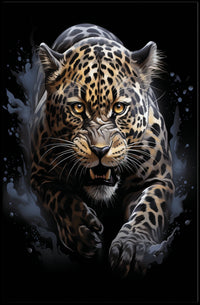 The poster features a dynamic and intense depiction of a leopard in mid-pounce. Travel Poster