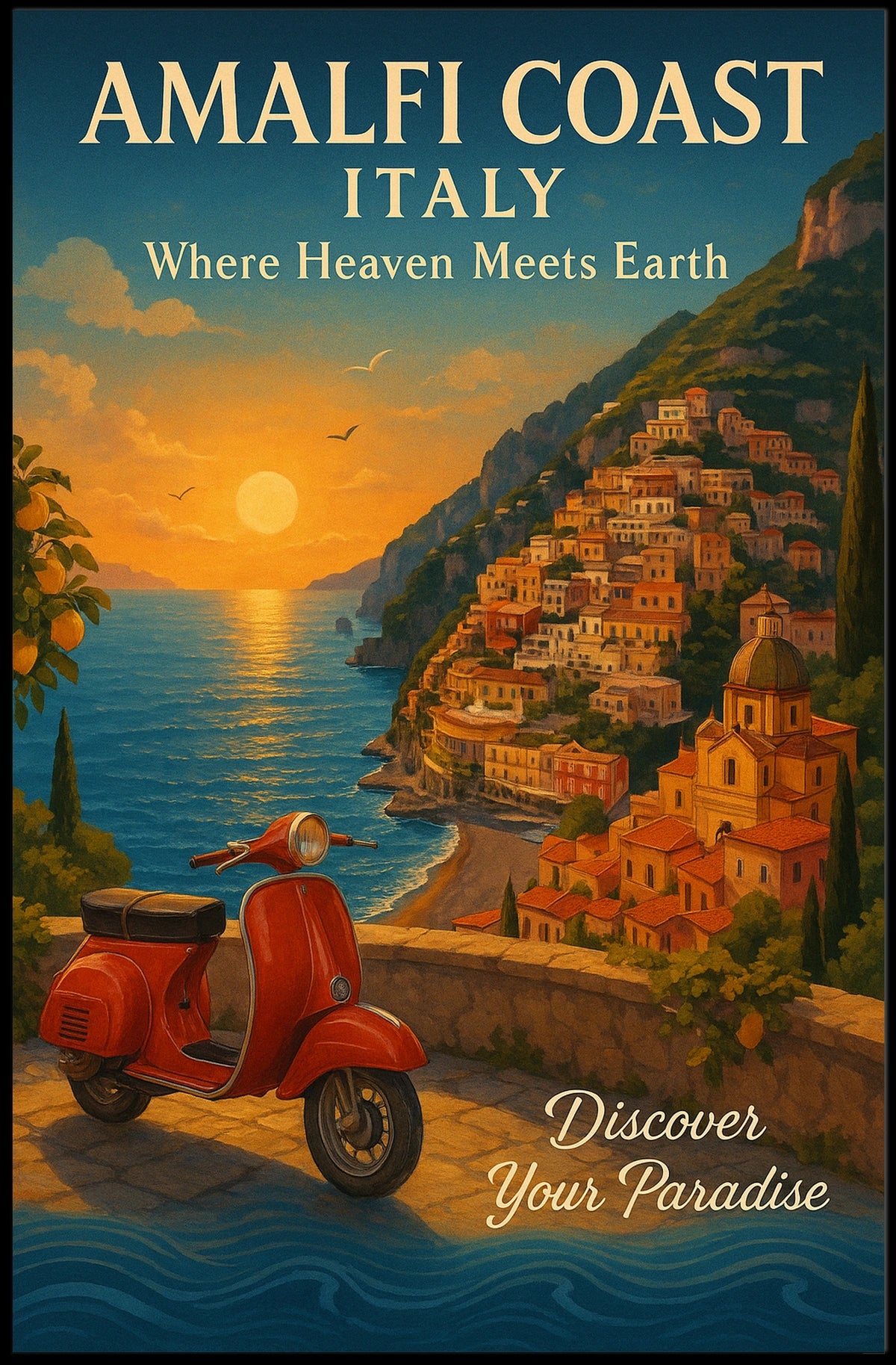 Amalfi Coast Sunset Vintage Travel Poster Art