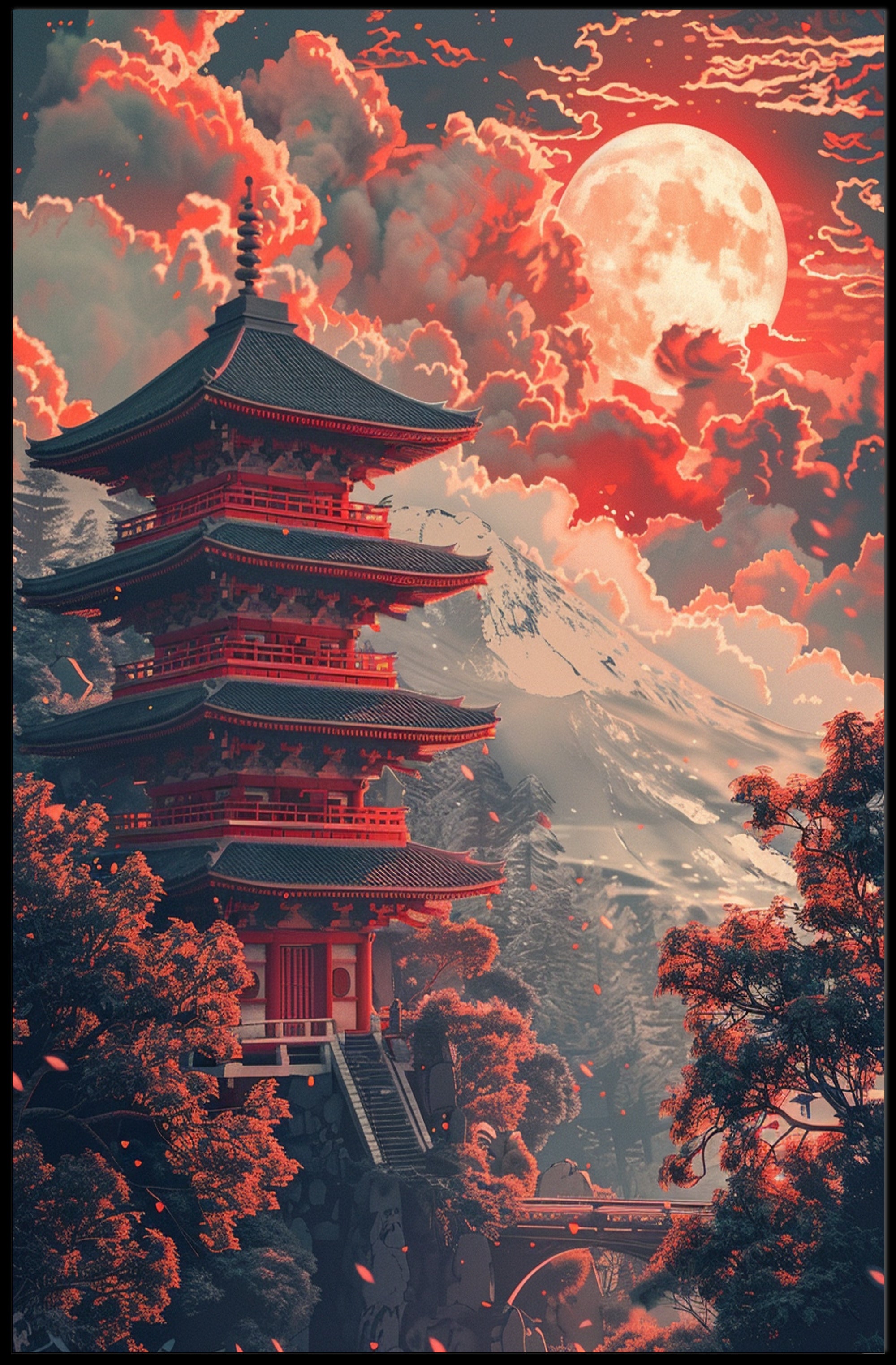 Japanese Pagoda Under Moonlight: Cultural or Heritage Poster PosterGoat