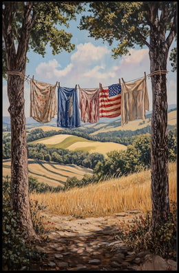 Clothesline Between Two Trees Overlooking Countryside Poster