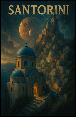 Santorini Dreamscape Planetary Backdrop Surrealism Poster