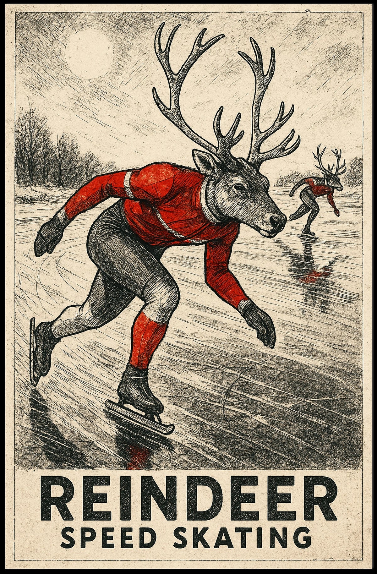 Whimsical Reindeer Skating Vintage Sports Poster